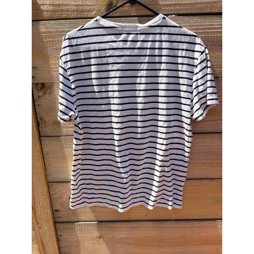 Polo Ralph Lauren Mens V-Neck T-Shirt Medium White Navy Blue Striped Classic Fit